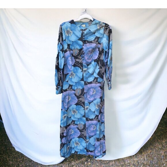 Vintage Long Floral Dress St. Michael Made In Britain 1960s Blue Purple Flowers - Picture 1 of 16